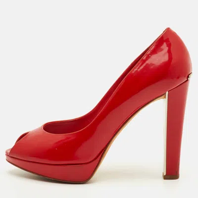 Pre-owned Dior Size 37 Red Patent Leather Peep Toe Pumps