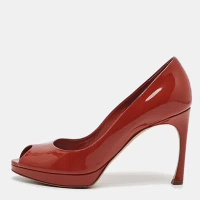Pre-owned Dior Size 37 Red Patent Leather Peep Toe Pumps