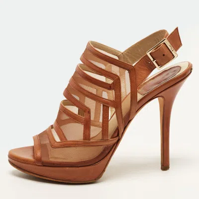 Pre-owned Dior Size 37 Tan Leather And Net Strappy Platform Slingback Sandals In Brown