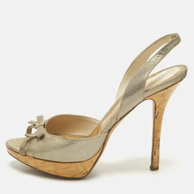 Pre-owned Dior Size 37 Two Tone Suede Bow Slingback Sandals In Gold