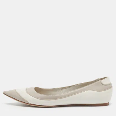 Pre-owned Dior Size 37 White/light Grey Leather Pointed Toe Ballet Flats