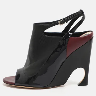 Pre-owned Dior Size 37.5 Black Patent Leather Wedge Slingback Sandals