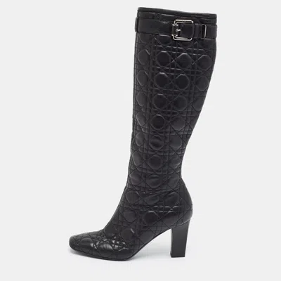 Pre-owned Dior Size 37.5 Black Quilted Leather Buckle Detail Knee Length Boots