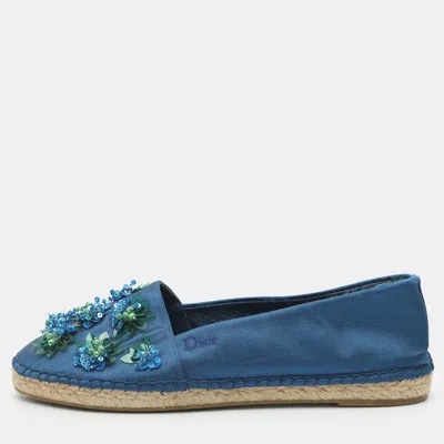 Pre-owned Dior Size 37.5 Blue Floral Embellished Satin Espadrille Loafers