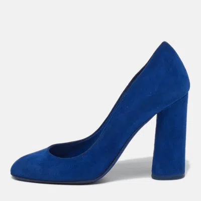 Pre-owned Dior Size 37.5 Blue Suede Round Toe Block Heel Pumps