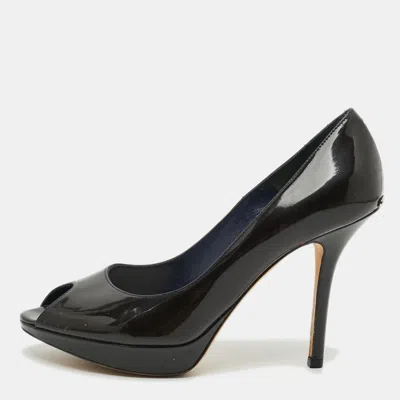 Pre-owned Dior Size 37.5 Brown Patent Leather Peep Toe Pumps