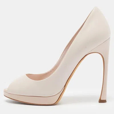 Pre-owned Dior Size 37.5 Cream Leather Platform Peep Toe Pumps