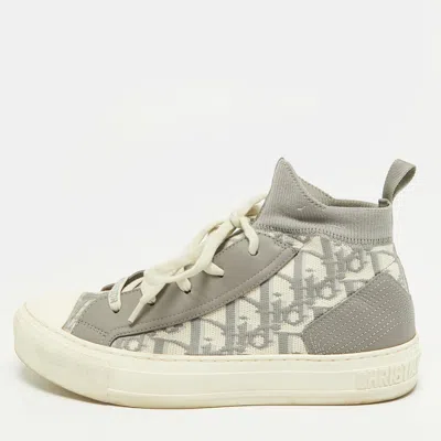 Pre-owned Dior Size 37.5 Grey/white Fabric And Leather High Top Sneakers In Gray