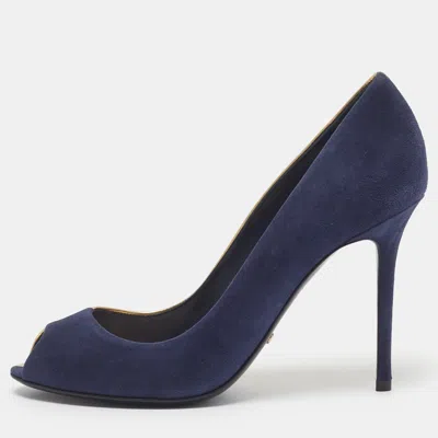 Pre-owned Dior Size 37.5 Navy Blue/gold Leather And Suede Peep Toe Pumps