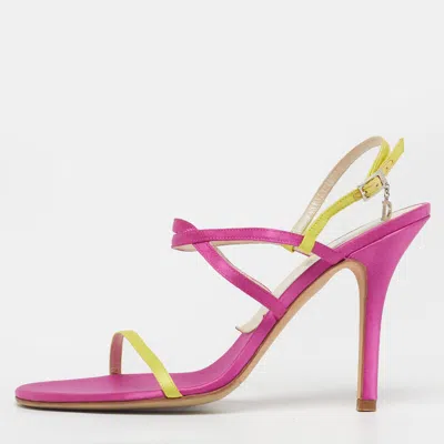 Pre-owned Dior Size 37.5 Pink/yellow Satin Strappy Slingback Sandals