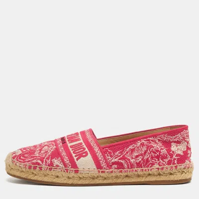 Pre-owned Dior Size 37.5 Red/off White Embroidered Canvas Granville Espadrille Flats