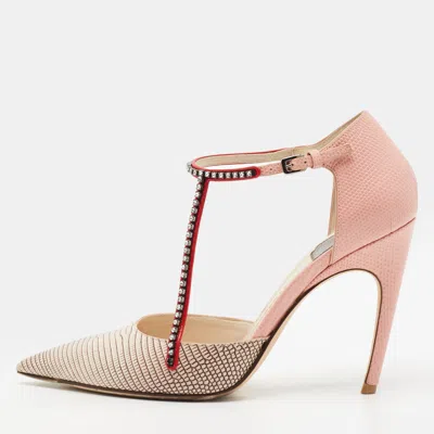 Pre-owned Dior Size 37.5 Tri Color Lizard Embossed Leather Crystal Embellished T-bar Pointed Toe Pumps In Pink