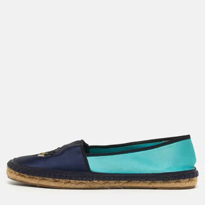 Pre-owned Dior Size 37.5 Two Tone Leather And Satin Embroidered Logos Flower Espadrille Flats In Blue