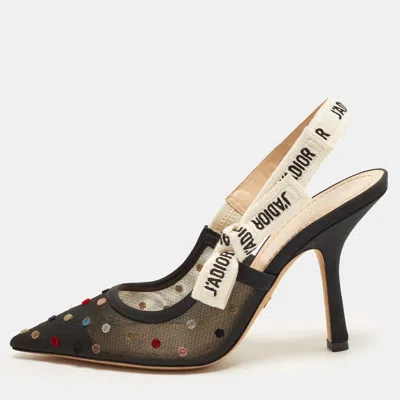 Pre-owned Dior Size 38 Black Polka Dot Mesh And Canvas J'a Slingback Pumps