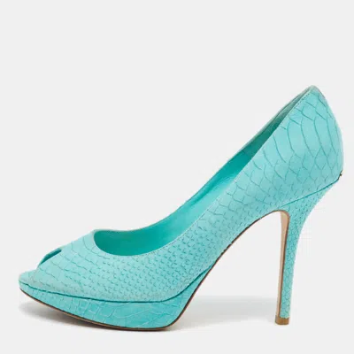 Pre-owned Dior Size 38 Blue Python Embossed Leather Platform Pumps