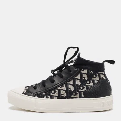 Pre-owned Dior Size 38 Navy Blue/beige Knit Fabric And Leather High Top Sneakers