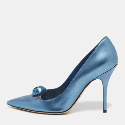 Pre-owned Dior Size 38.5 Blue Patent Leather And Pvc Rose Pointed Toe Pumps