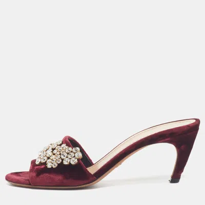 Pre-owned Dior Size 38.5 Burgundy Velvet Crystal Embellished Slide Sandals