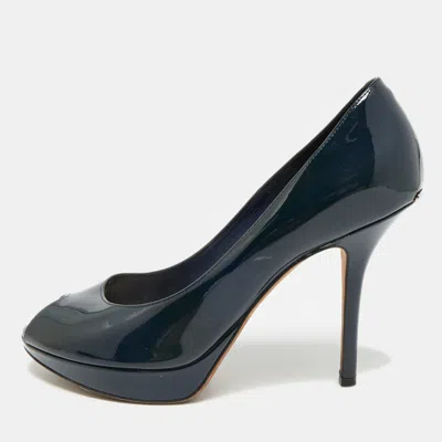 Pre-owned Dior Size 38.5 Navy Blue Patent Leather Peep Toe Pumps