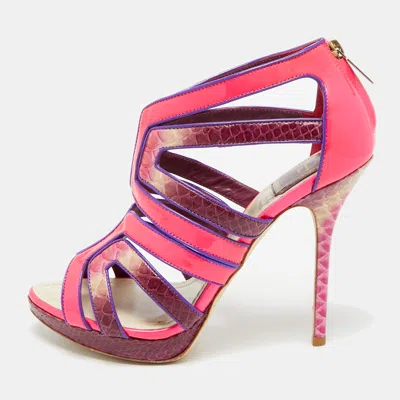 Pre-owned Dior Size 38.5 Pink Patent Leather And Python Leather Strappy Sandals