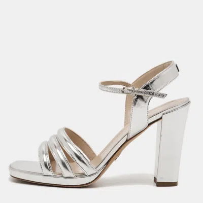 Pre-owned Dior Size 38.5 Silver Leather Block Heel Ankle Strap Sandals