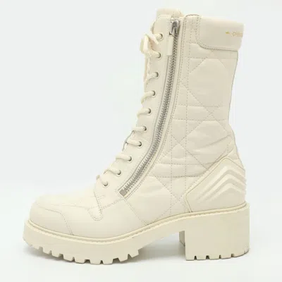Pre-owned Dior Size 38.5 White Cannage Leather Combat Boots