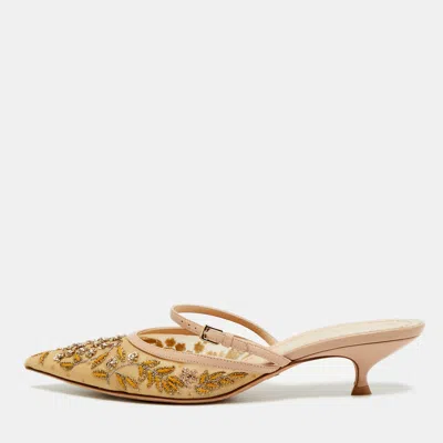 Pre-owned Dior Size 39 Beige Leather And Embroidered Mesh Pointed Toe Mules In Sand