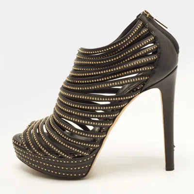 Pre-owned Dior Size 39.5 Black Leather Strappy Studded Cage Platform Booties