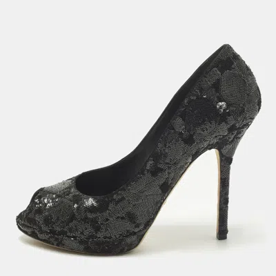 Pre-owned Dior Size 40 Black Sequins Peep Toe Platform Pumps