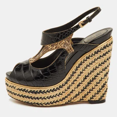 Pre-owned Dior Size 40 Black/beige Croc Embossed Leather And Python Woven Raffia Wedge Sandals