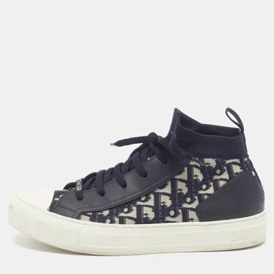 Pre-owned Dior Size 40 Blue Oblique Knit Fabric And Leather High Top Sneakers