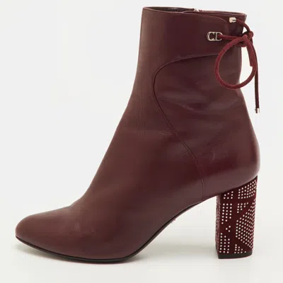Pre-owned Dior Size 40 Burgundy Leather Studded Cannage Block Heel Ankle Length Boots