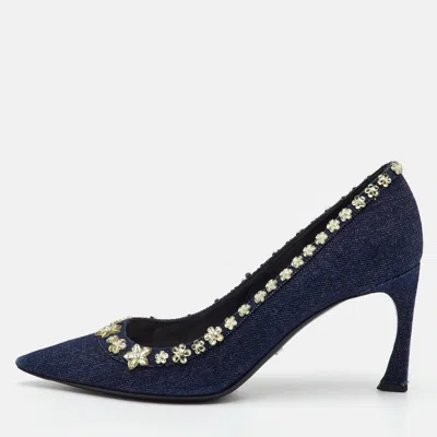 Pre-owned Dior Size 40 Navy Blue Denim Garland Embellished Pointed Toe Pumps