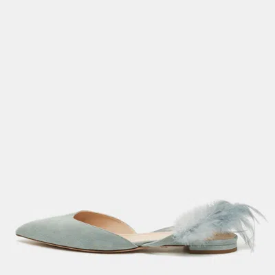 Pre-owned Dior Size 40.5 Blue Feather And Suede Slingback Flats