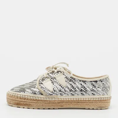 Pre-owned Dior Size 41 Metallic Silver/white Woven Leather Espadrille Lace Up Sneakers