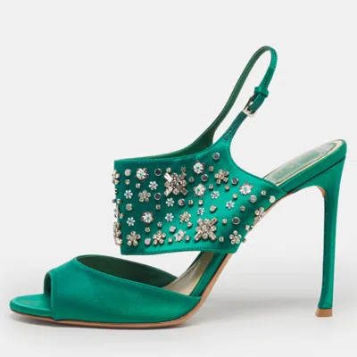 Pre-owned Dior Size 41.5 Green Satin Crystal Embellished Ankle Strap Sandals