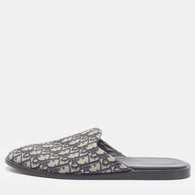 Pre-owned Dior Size 46 Oblique Embroidered Canvas Flat Mules In Blue