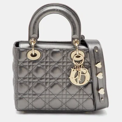 Pre-owned Dior Small Metallic Cannage Leather Tote In Silver