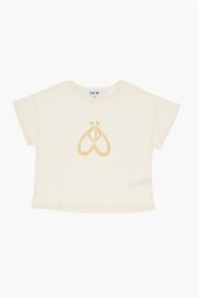 Dior Solid Color Crew-neck T-shirt With Glittered Detail In Neutral