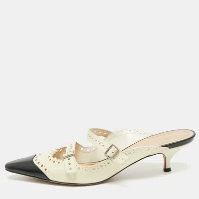 Pre-owned Dior Specta Size 40 Cream/black Perforated Leather Pointed Toe Mules In White