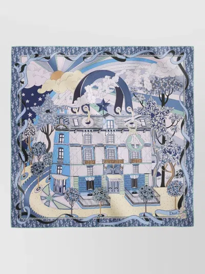 Dior Square Scarf Lightweight Fabric Illustrative Design In Blue