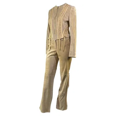 Pre-owned Dior S/s 2003 Christian  By John Galliano Suede Lace Up Jacket Pants Suit Set In Brown
