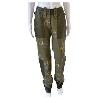 Pre-owned Dior S/s 2003 Olive Green Floral Embroidered Utility Pants