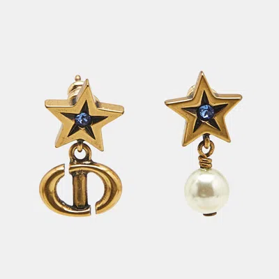 Pre-owned Dior Star Cd Faux Pearl Crystals Gold Tone Drop Earrings