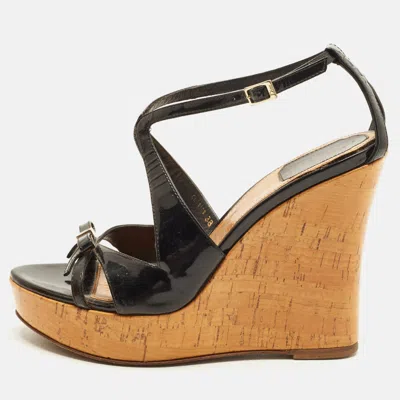 Pre-owned Dior Starlet Size 38 Black Patent Leather Cork Wedge Sandals