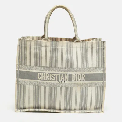 Pre-owned Dior Striped Book Large Grey/white Embroidered Canvas Tote In Gray