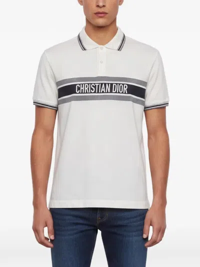 Pre-owned Dior Striped Logo Polo Shirt In White