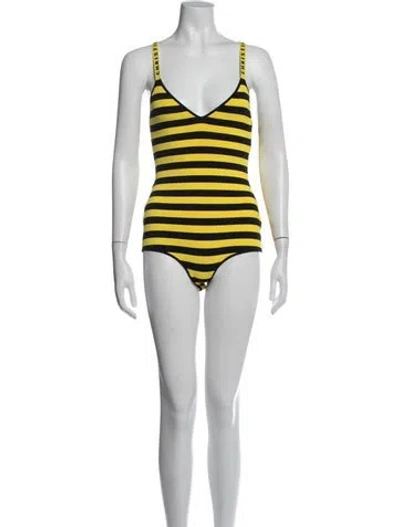Pre-owned Dior Striped V-neck Bodysuit In Yellow