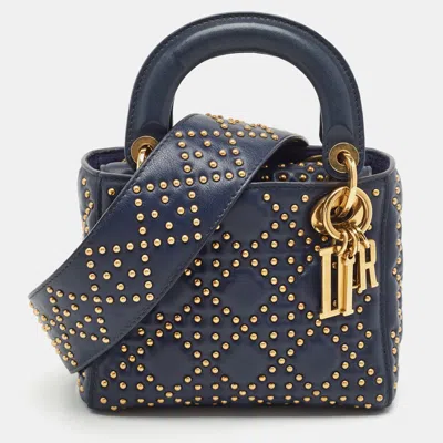 Pre-owned Dior Studded Mini Blue Cannage Leather Tote