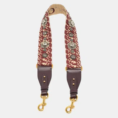 Pre-owned Dior Studded Shoulder Bag Strap Burgundy/beige Oblique Canvas And Leather
